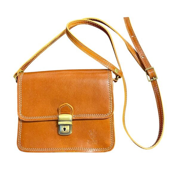 Vera Pelle Small Crossbody Leather Purse Italian Luxury Lock & Key Tan Designer - Picture 1 of 13
